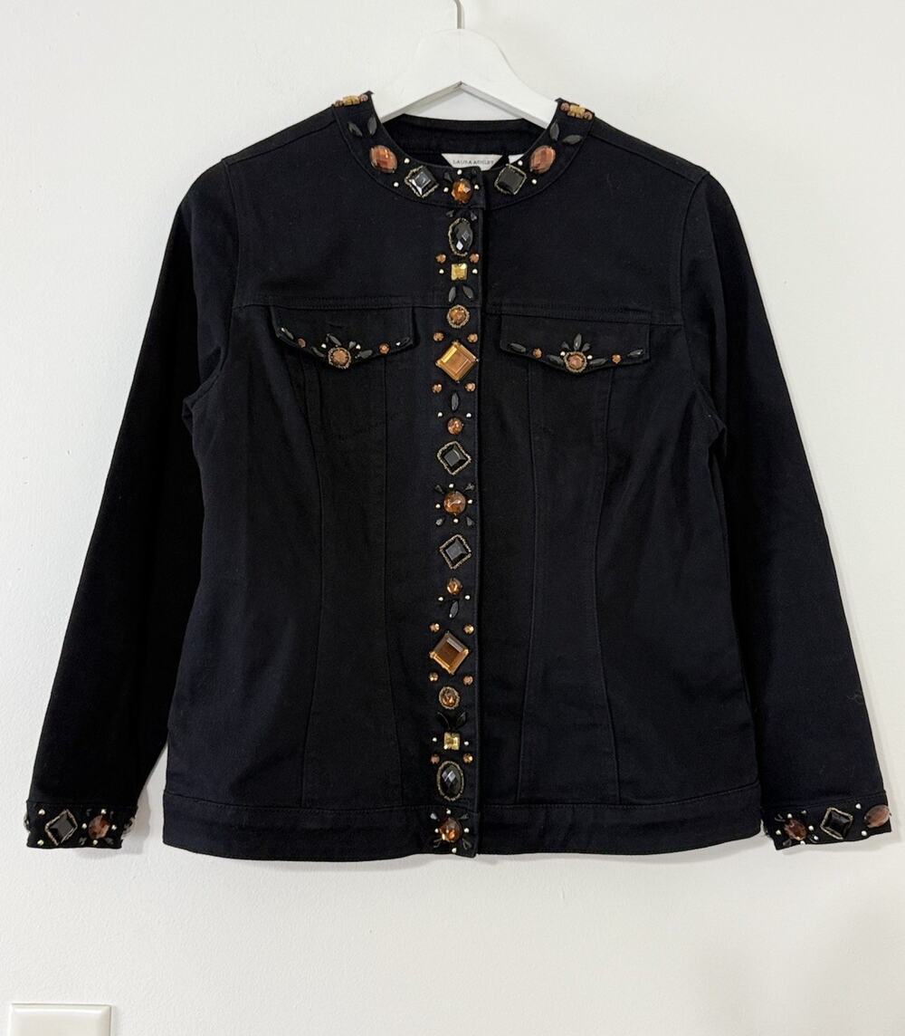 Laura Ashley Womens Black Denim Jacket Beaded Rhinestone Embellished Petite S